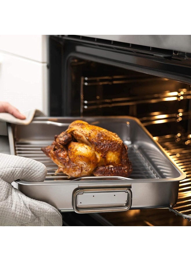 صينية تحميص من الفولاذ المقاوم للصدأ مع رف شواء، صينية فرن كبيرة بمقابض حمل لتحضير اللحوم والفراخ والأطباق المخبوزة - Image 1